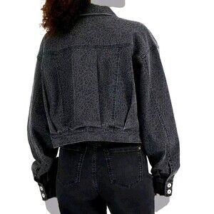 INC Women’s Cropped Denim Jacket Large Gray Leopard Print "Tucker" Vintage Vibe